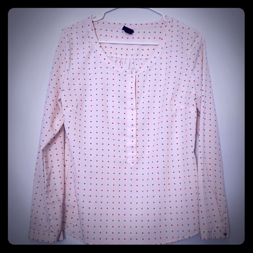 Cream colored blouse with orange & gray polka-dots